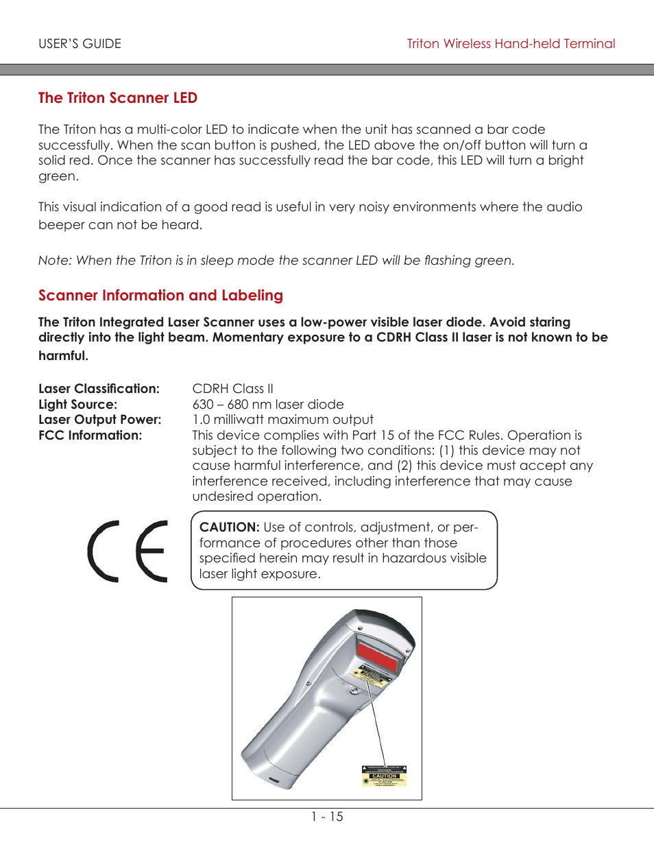 The triton scanner led 1-15, Scanner information and labeling 1-15, The triton scanner led | Scanner information and labeling | AML Triton Wireless Handheld Terminal User Manual | Page 21 / 84