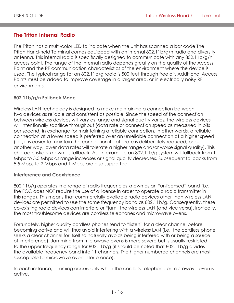 The triton internal radio 1-16, Interference and coexistence 1-16, 11b/g fallback mode 1-16 | The triton internal radio, 11b/g fallback mode, Interference and coexistence | AML Triton Wireless Handheld Terminal User Manual | Page 22 / 84