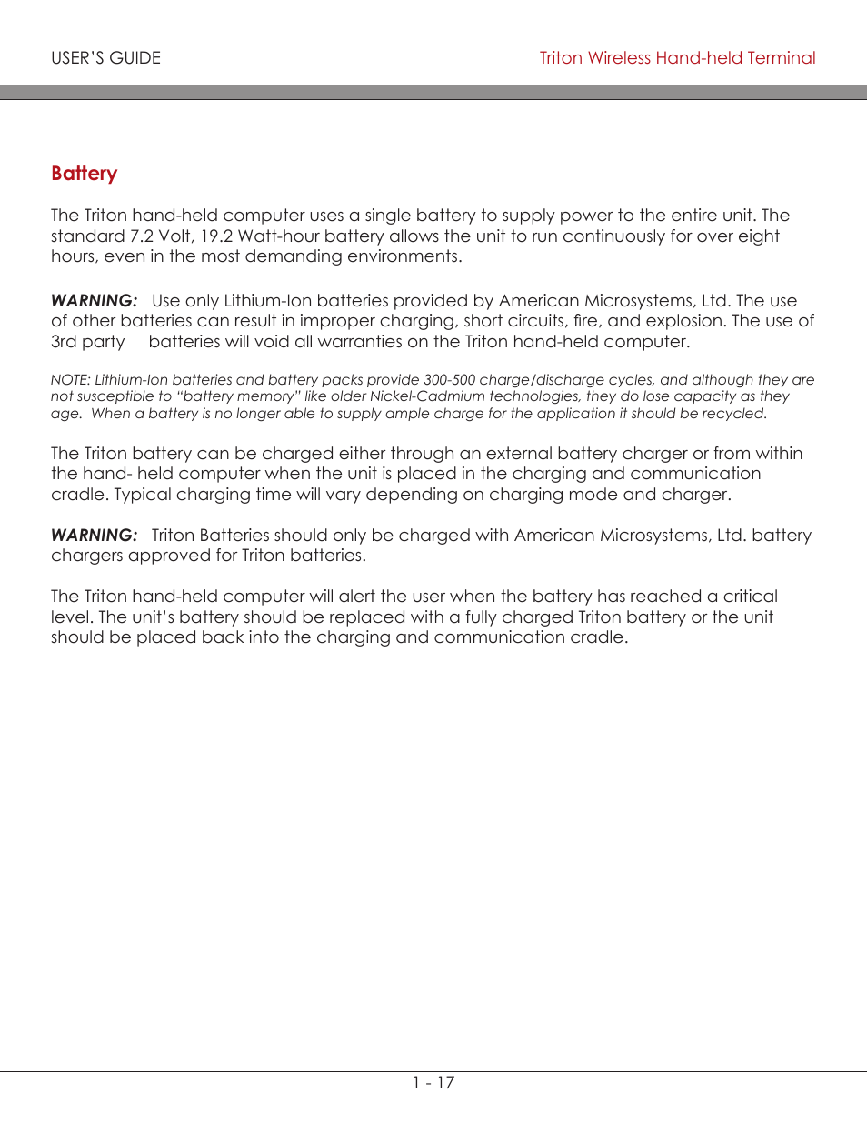 Battery 1-17, Battery | AML Triton Wireless Handheld Terminal User Manual | Page 23 / 84