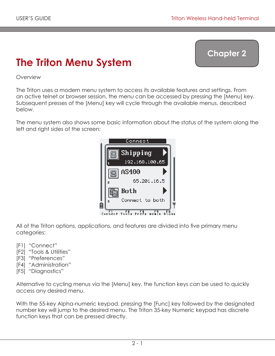 Overview 2-1, Triton menu system 2-1, Triton menu system | The triton menu system, Chapter 2 | AML Triton Wireless Handheld Terminal User Manual | Page 26 / 84