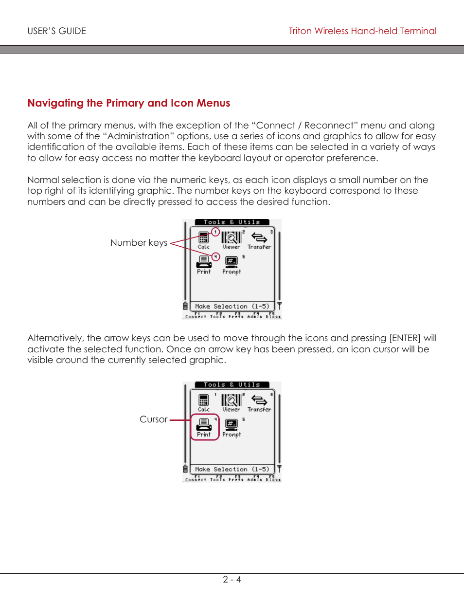 Navigating the primary and icon menus 2-4, Navigating the primary and icon menus | AML Triton Wireless Handheld Terminal User Manual | Page 29 / 84