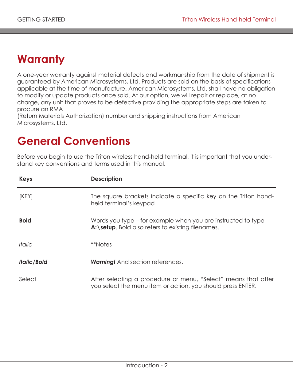 Introduction, Warranty and service introduction-2, General conventions introduction-2 | Warranty, General conventions | AML Triton Wireless Handheld Terminal User Manual | Page 3 / 84