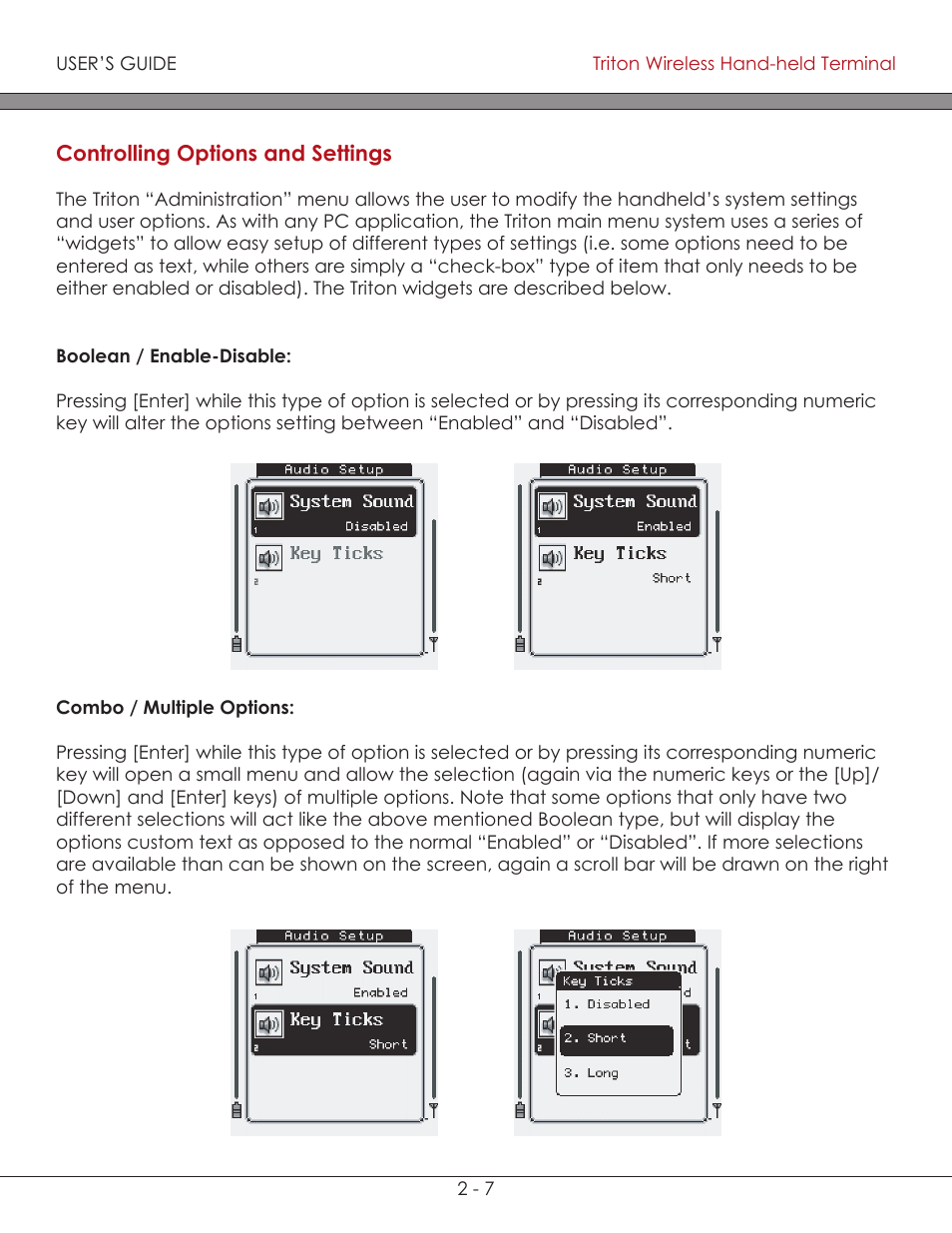 Controlling options and settings 2-7, Boolean / enable-disable 2-7, Combo / multiple options 2-7 | Controlling options and settings, Boolean / enable-disable, Combo / multiple options | AML Triton Wireless Handheld Terminal User Manual | Page 32 / 84