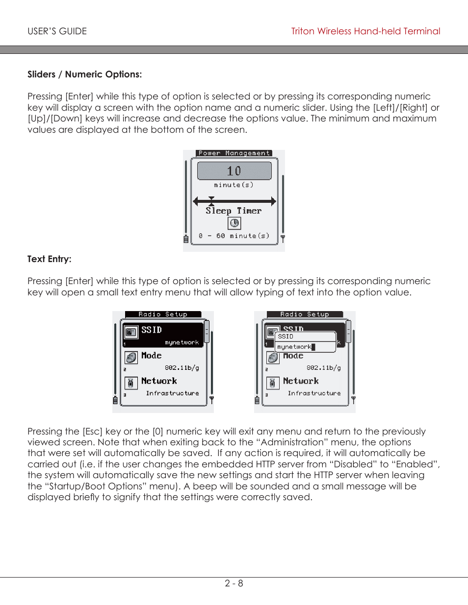 Sliders / numeric options 2-8, Text entry 2-8, Sliders / numeric options | Text entry | AML Triton Wireless Handheld Terminal User Manual | Page 33 / 84