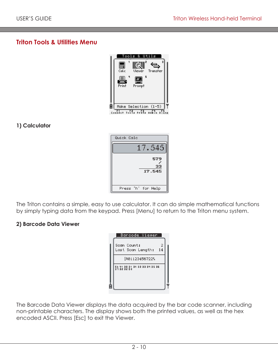 Triton tools & utilities menu 2-10, Calculator 2-10, Barcode data viewer 2-10 | Triton tools & utilities menu, Barcode data viewer | AML Triton Wireless Handheld Terminal User Manual | Page 35 / 84