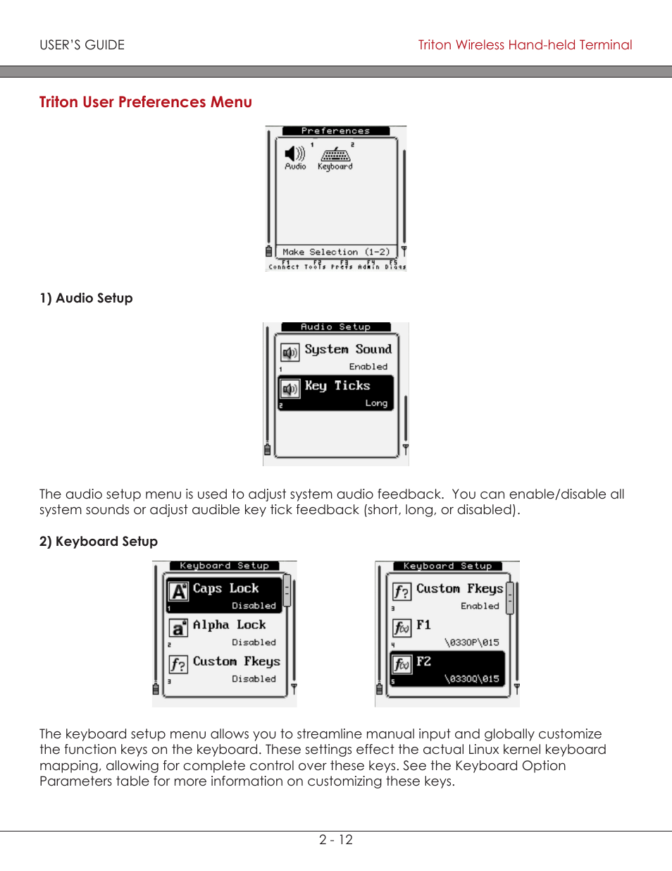 Triton user preferences menu 2-12, Audio setup 2-12, Keyboard setup 2-12 | Triton user preferences menu, Audio setup, Keyboard setup | AML Triton Wireless Handheld Terminal User Manual | Page 37 / 84