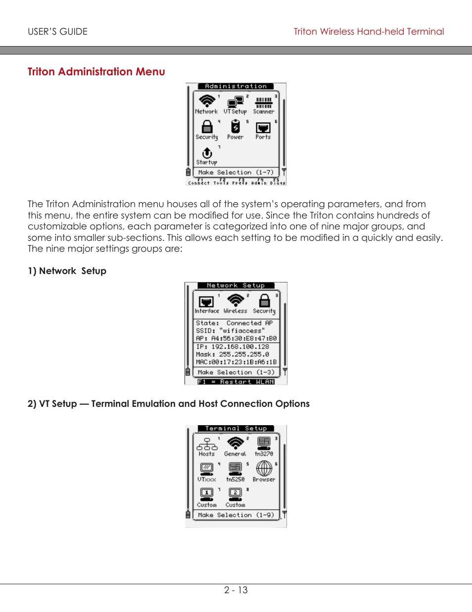 Triton administration menu 2-13, Network setup 2-13, Triton administration menu | Network setup | AML Triton Wireless Handheld Terminal User Manual | Page 38 / 84