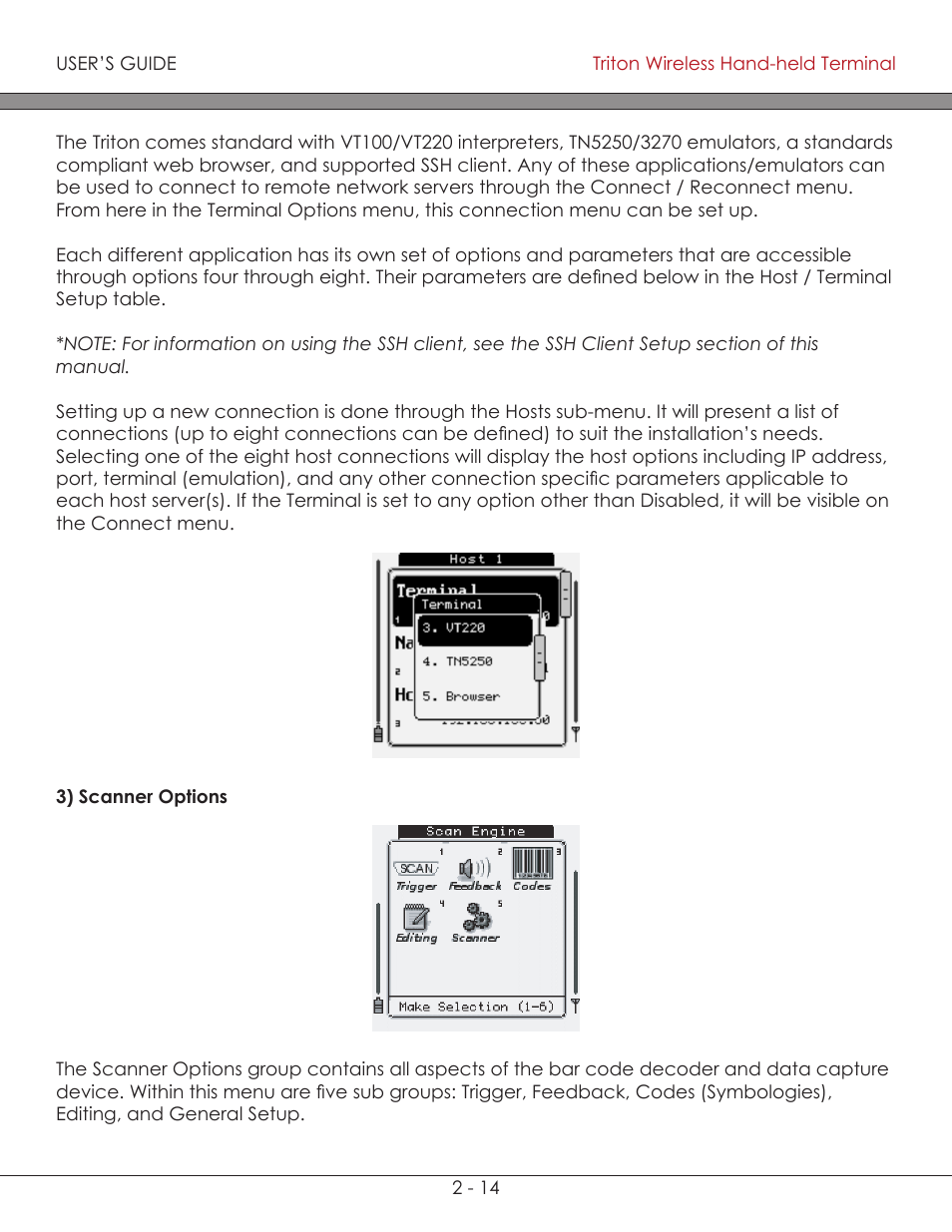Scanner options 2-14, Scanner options | AML Triton Wireless Handheld Terminal User Manual | Page 39 / 84