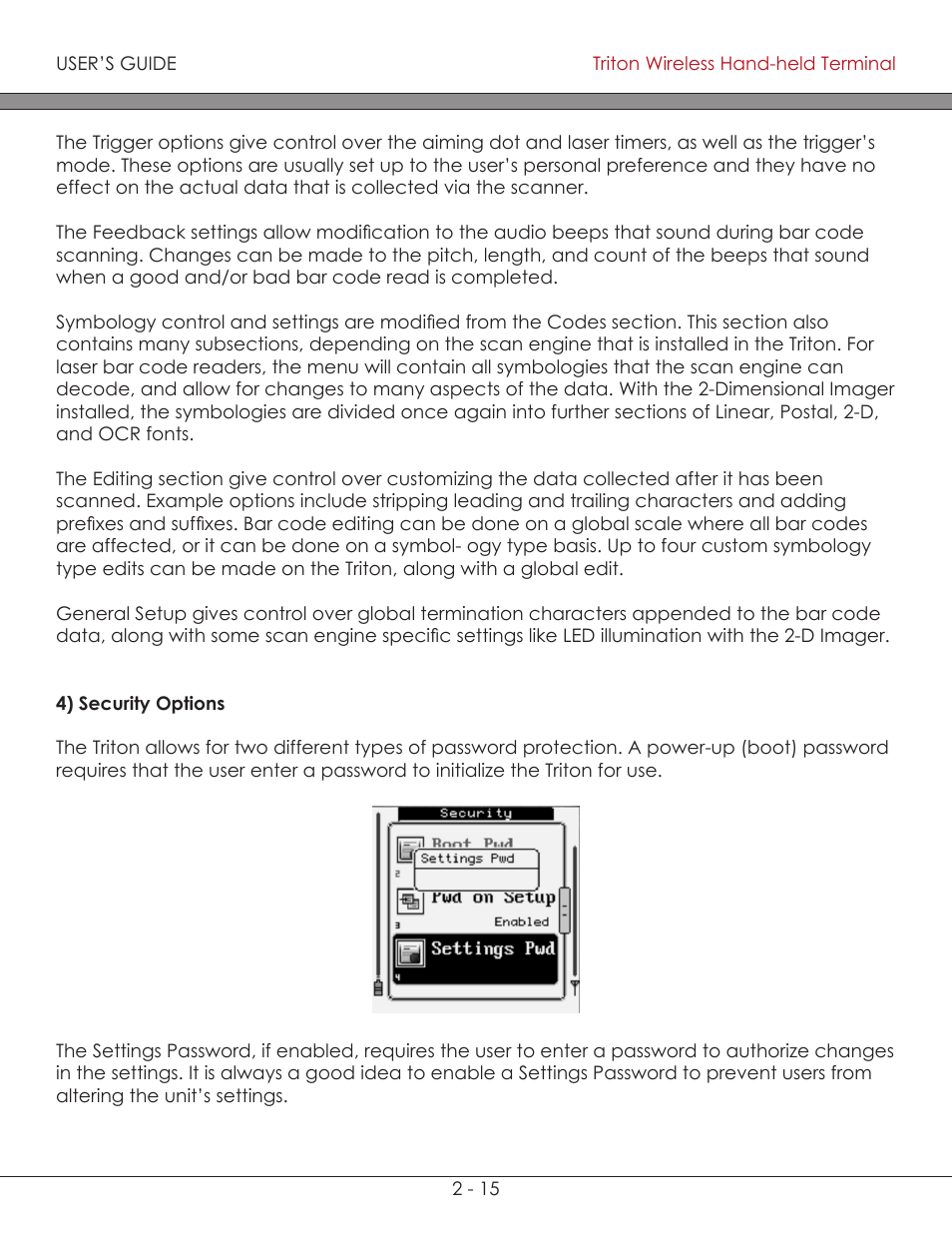 Security options 2-15, Security options | AML Triton Wireless Handheld Terminal User Manual | Page 40 / 84