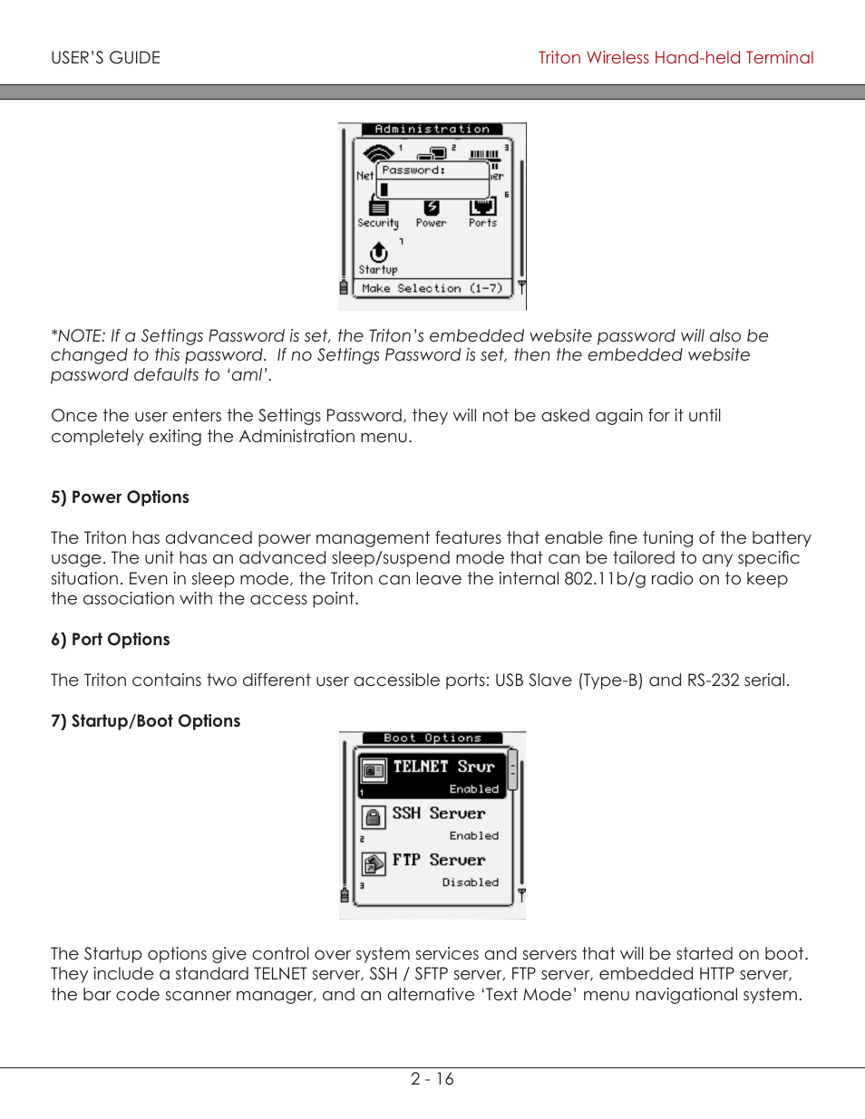 Power options 2-16, Port options 2-16, Startup / boot options 2-16 | Power options, Port options, Startup / boot options | AML Triton Wireless Handheld Terminal User Manual | Page 41 / 84