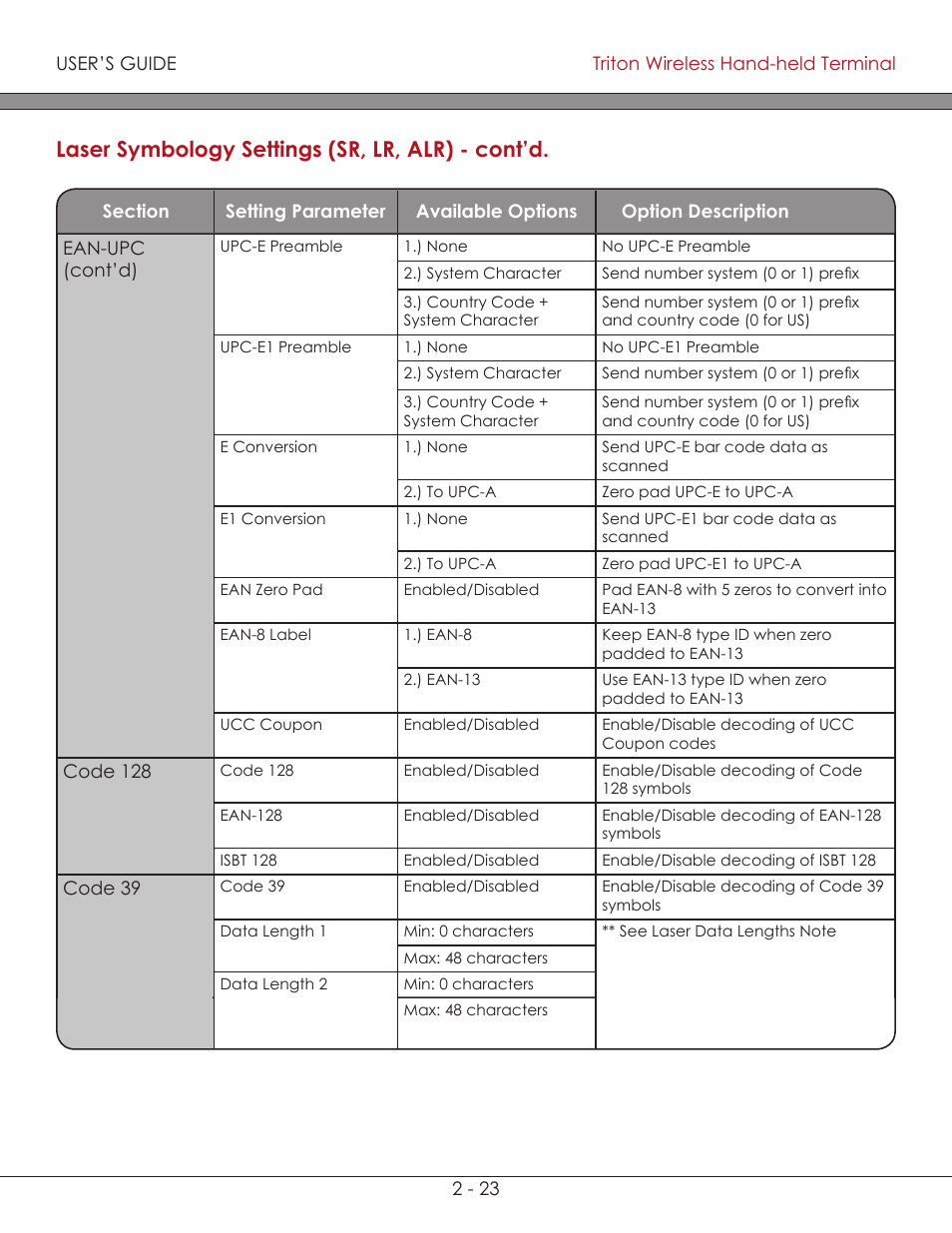 Laser symbology settings (sr, lr, alr) - cont’d | AML Triton Wireless Handheld Terminal User Manual | Page 48 / 84
