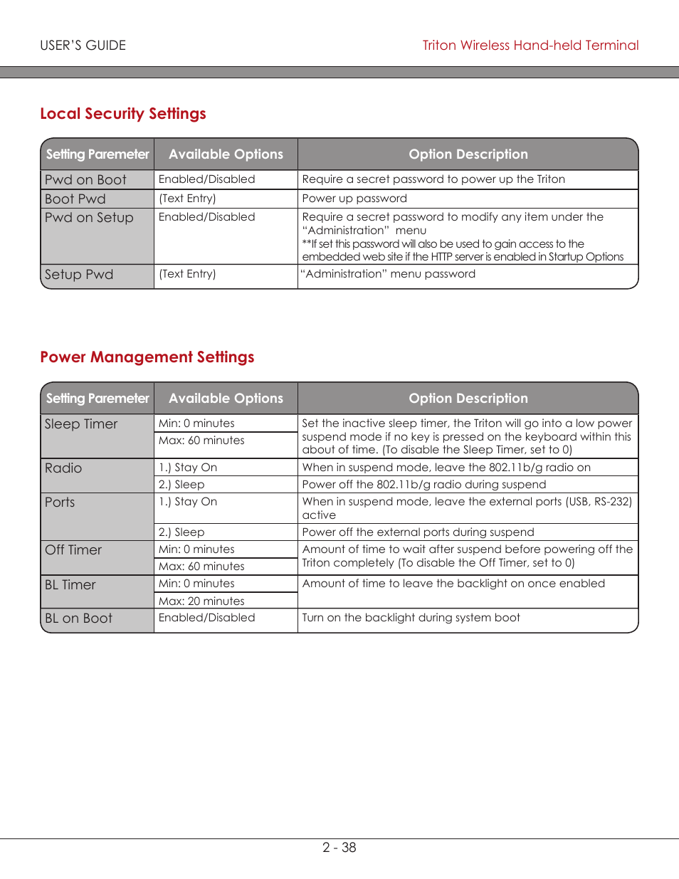 Local security settings (chart) 2-38, Power management settings (chart) 2-38, Local security settings ( chart ) | Power management settings ( chart ), Local security settings, Power management settings | AML Triton Wireless Handheld Terminal User Manual | Page 63 / 84