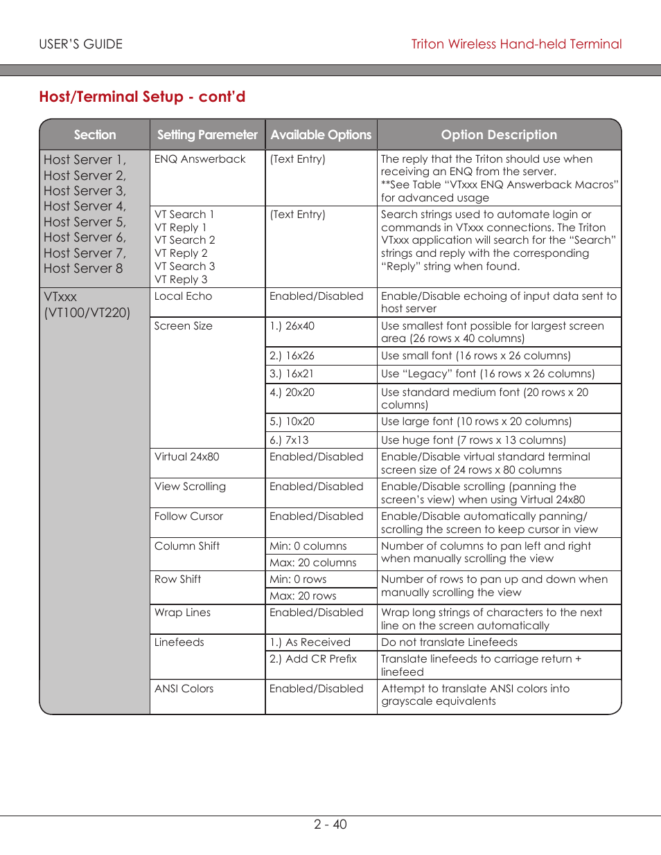 Host/terminal setup - cont’d | AML Triton Wireless Handheld Terminal User Manual | Page 65 / 84