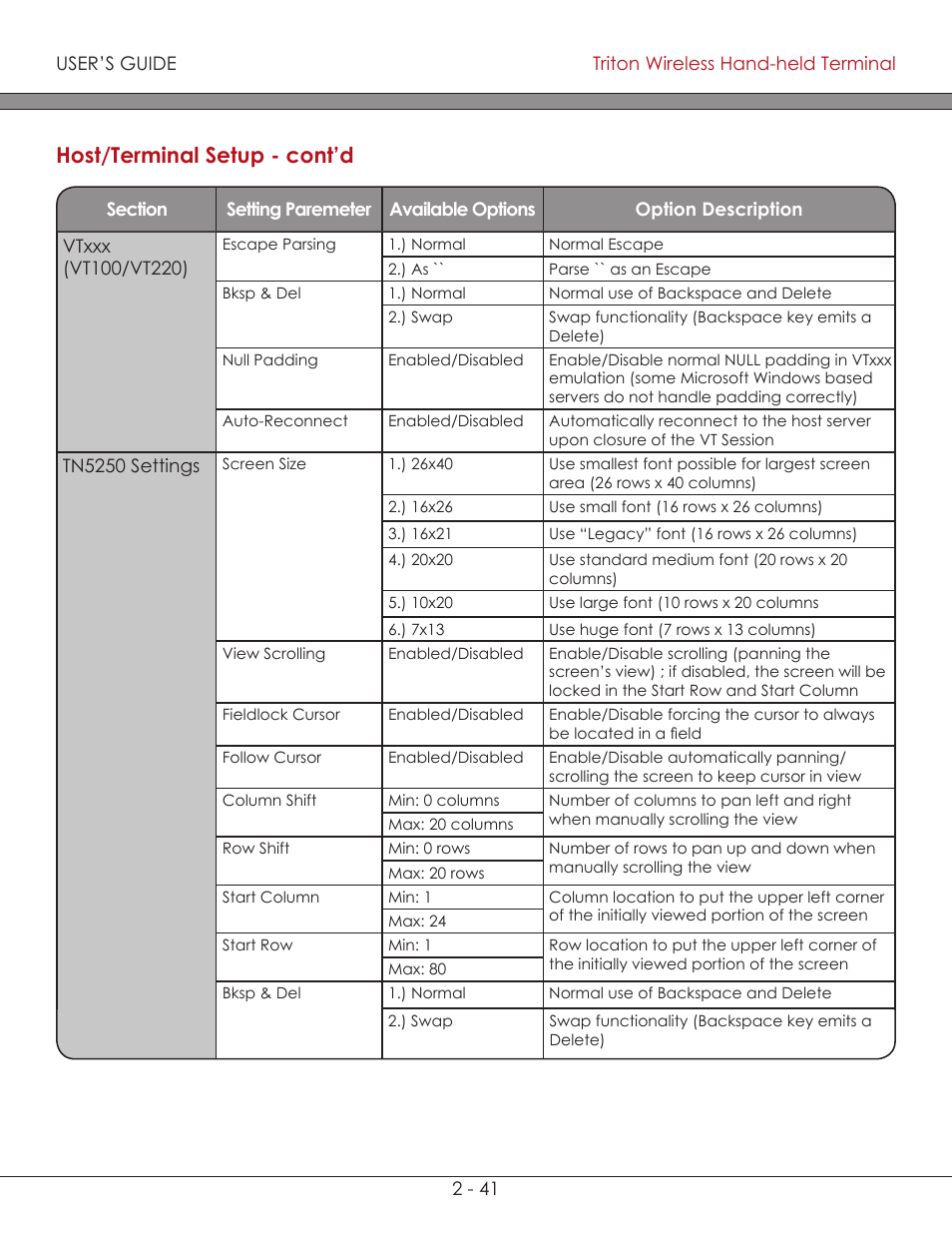 Host/terminal setup - cont’d | AML Triton Wireless Handheld Terminal User Manual | Page 66 / 84