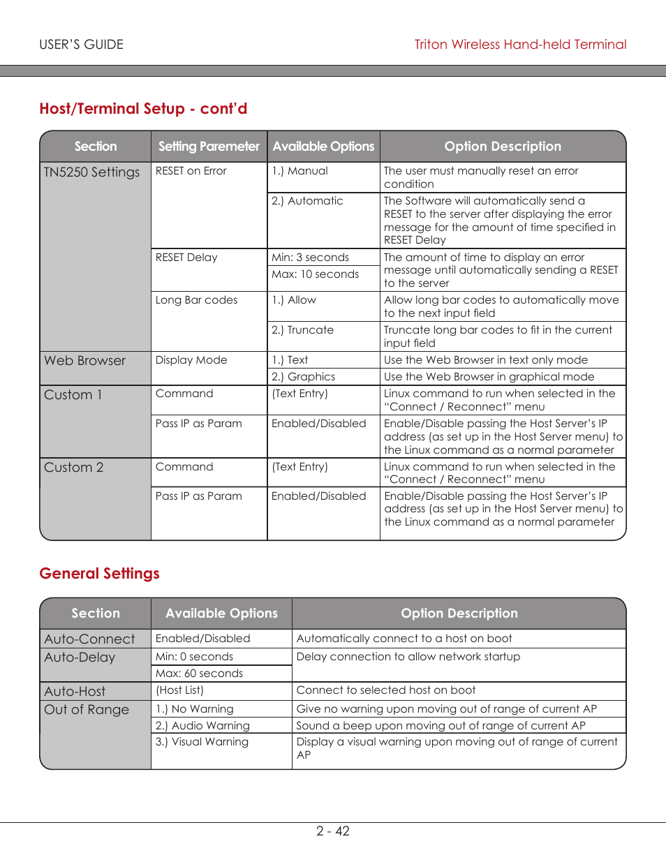 General settings (chart) 2-42, General settings ( chart ), Host/terminal setup - cont’d | General settings | AML Triton Wireless Handheld Terminal User Manual | Page 67 / 84