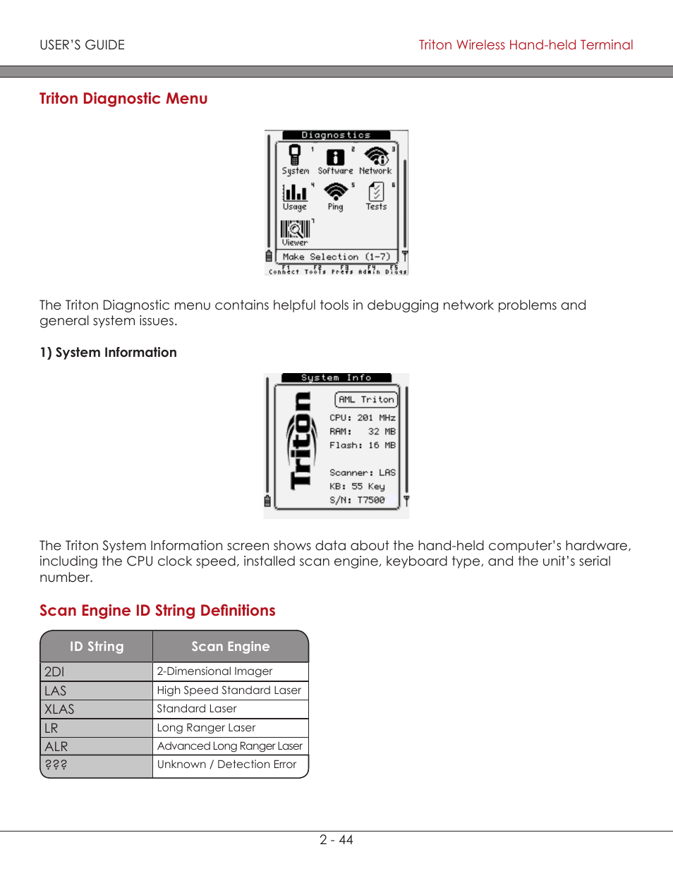 Scan engine id string definitions (chart) 2-44, System information 2-44, Triton diagnostic menu 2-44 | Triton diagnostic menu, System information, Scan engine id string definitions ( chart ), Scan engine id string definitions | AML Triton Wireless Handheld Terminal User Manual | Page 69 / 84