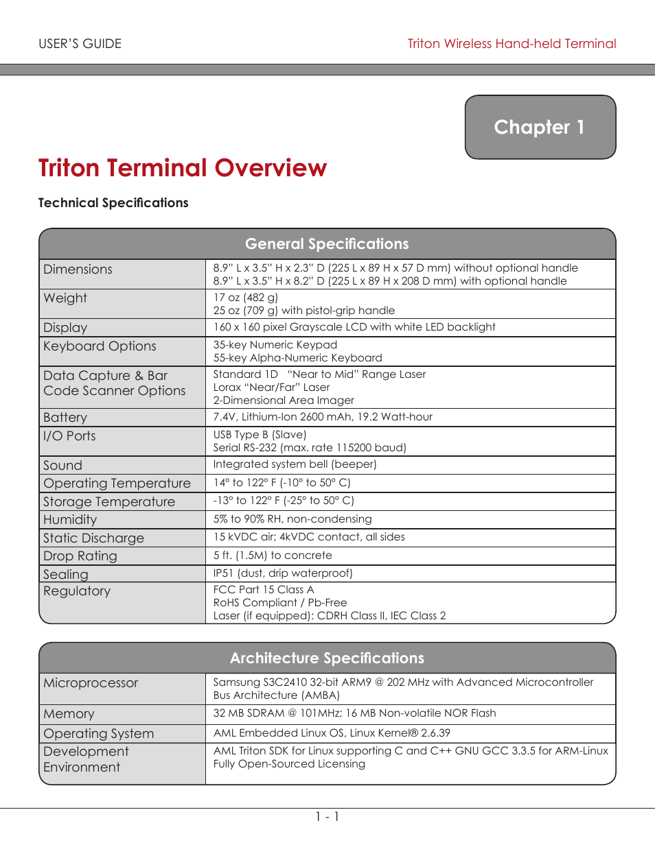 Getting started 1-1, Architecture specifications 1-1, General specifications 1-1 | Getting started, General specifications, Architecture specifications, Triton terminal overview, Chapter 1 | AML Triton Wireless Handheld Terminal User Manual | Page 7 / 84