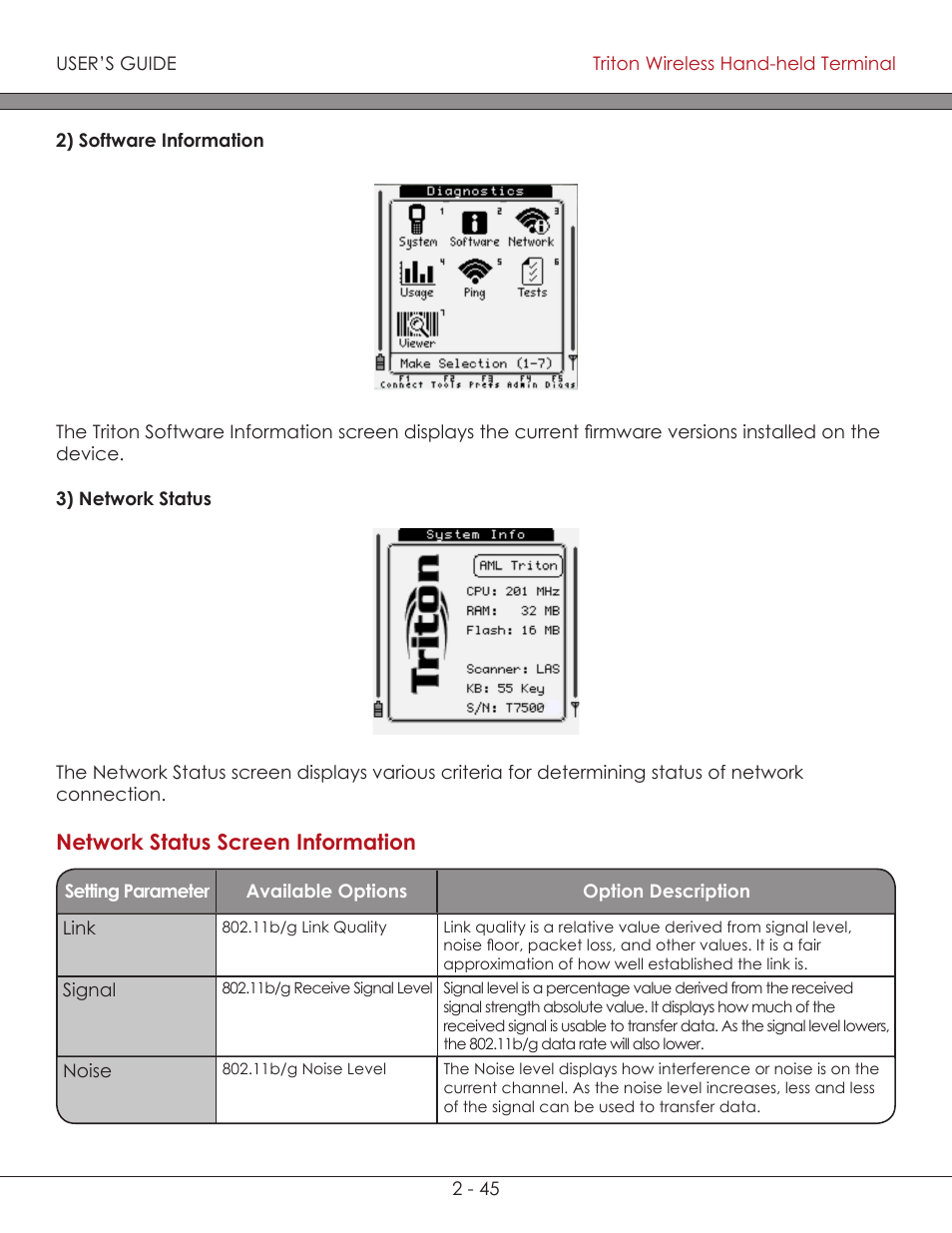 Network status 2-45, Software information 2-45, Software information | Network status, Network status screen information | AML Triton Wireless Handheld Terminal User Manual | Page 70 / 84