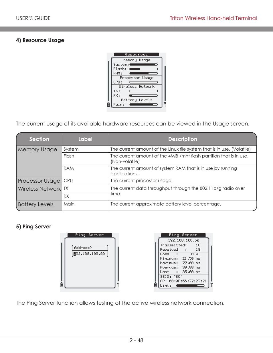 Ping server 2-48, Resource usage 2-48, Resource usage | Ping server | AML Triton Wireless Handheld Terminal User Manual | Page 73 / 84