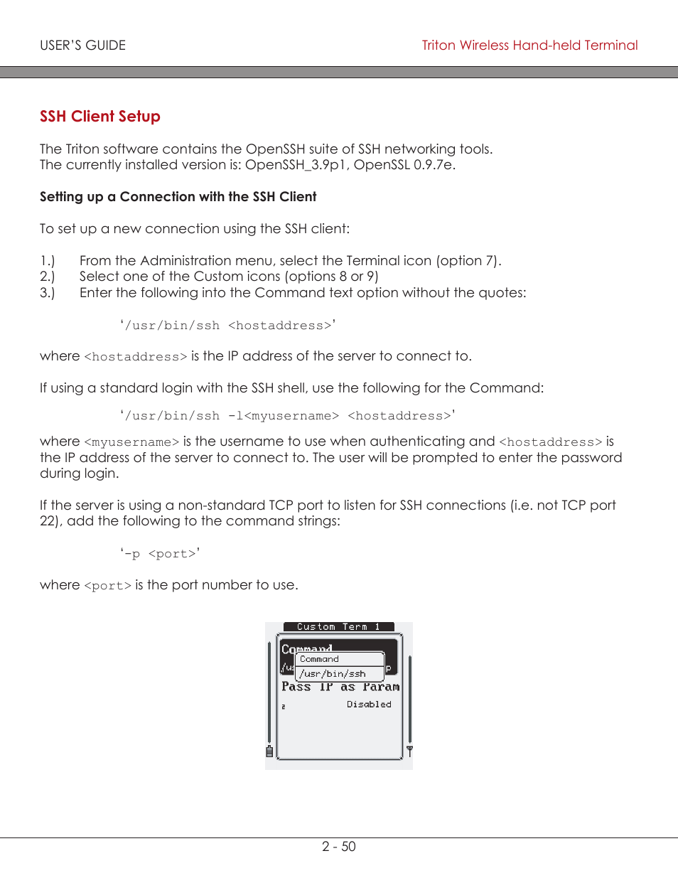 Ssh client setup 2-51, Ssh client setup, Setting up a connection with the ssh client setup | AML Triton Wireless Handheld Terminal User Manual | Page 75 / 84