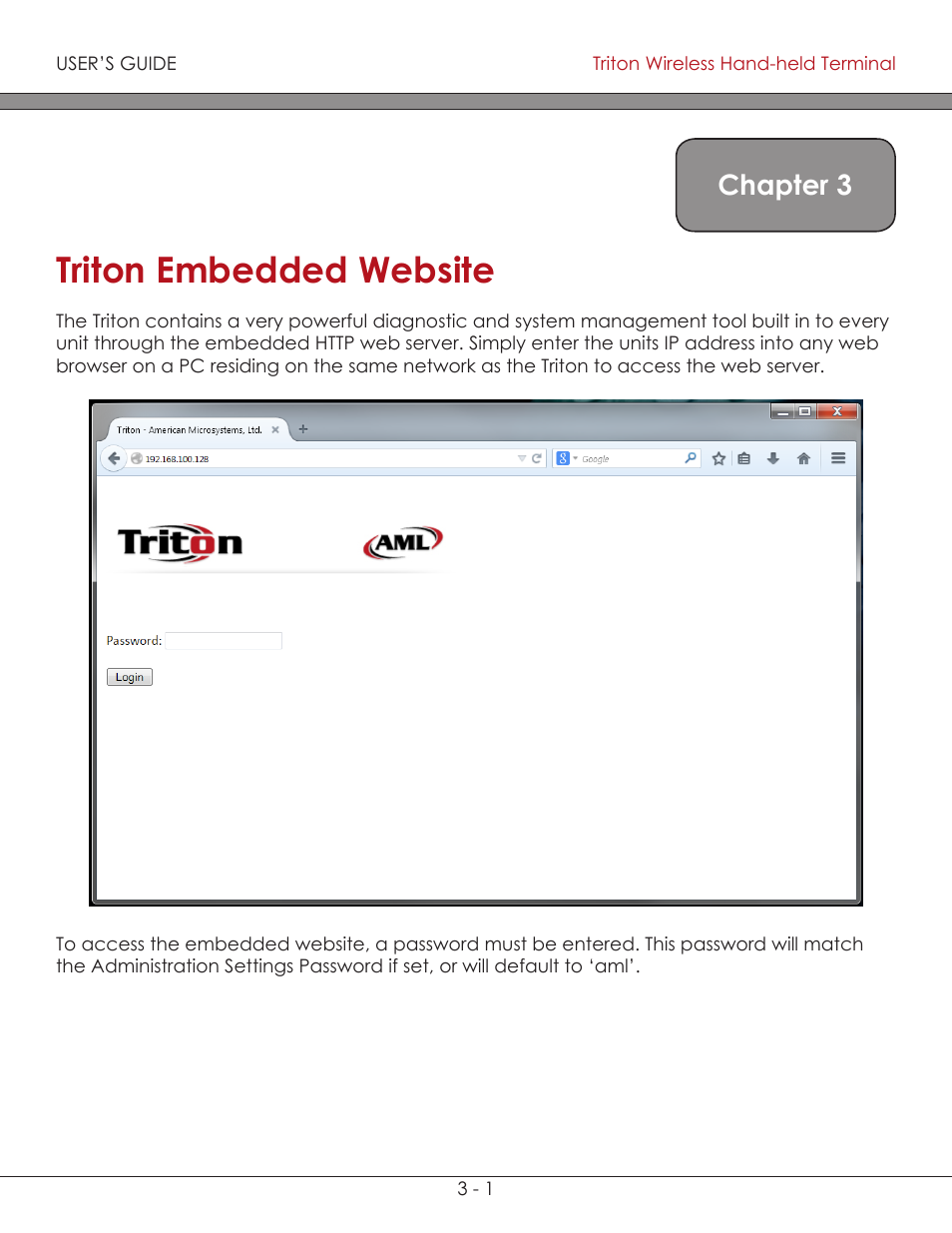 Triton embedded website 3-1, Triton embedded website, Chapter 3 | AML Triton Wireless Handheld Terminal User Manual | Page 79 / 84