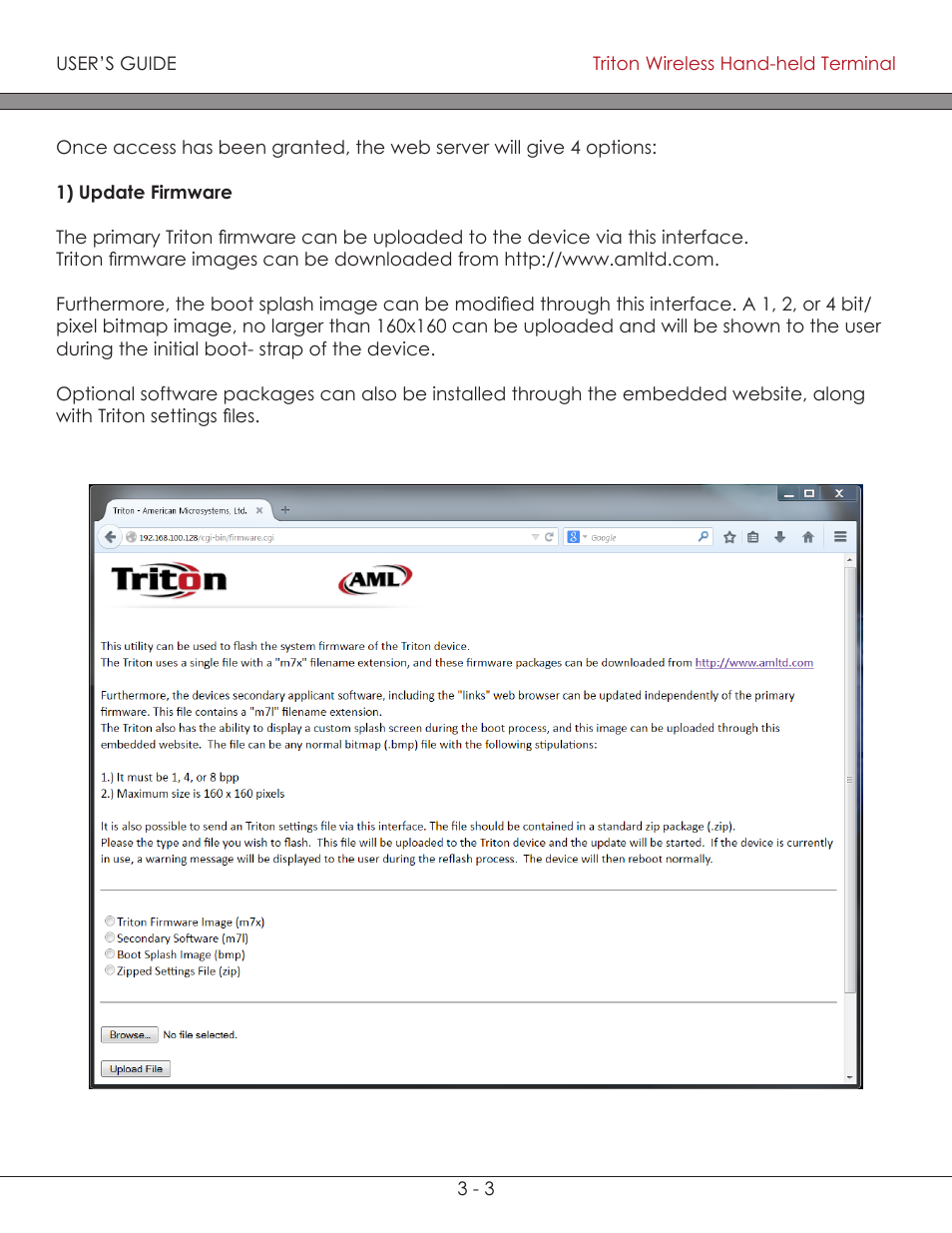 Update firmware 3-3, Update firmware | AML Triton Wireless Handheld Terminal User Manual | Page 81 / 84