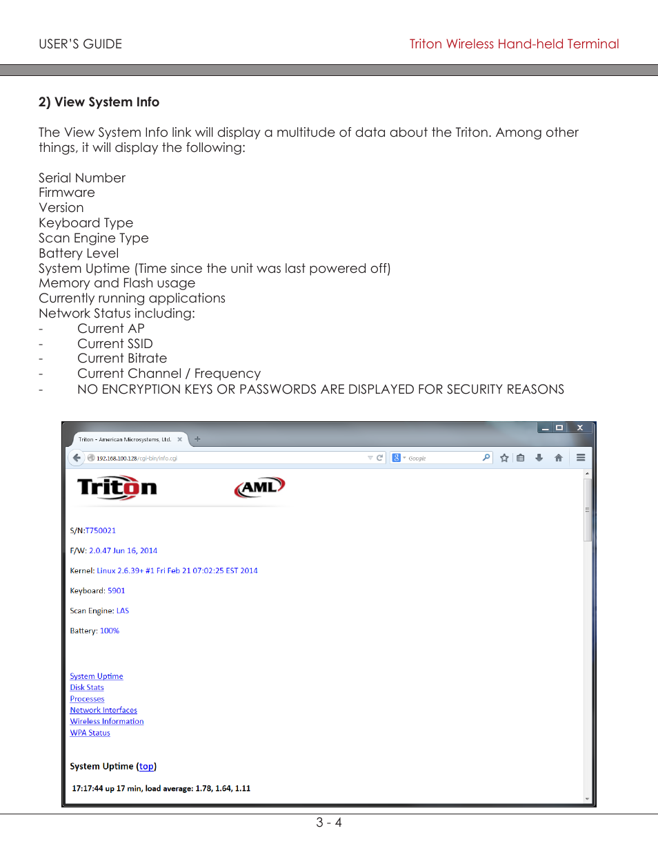 View system info 3-4, View system info | AML Triton Wireless Handheld Terminal User Manual | Page 82 / 84