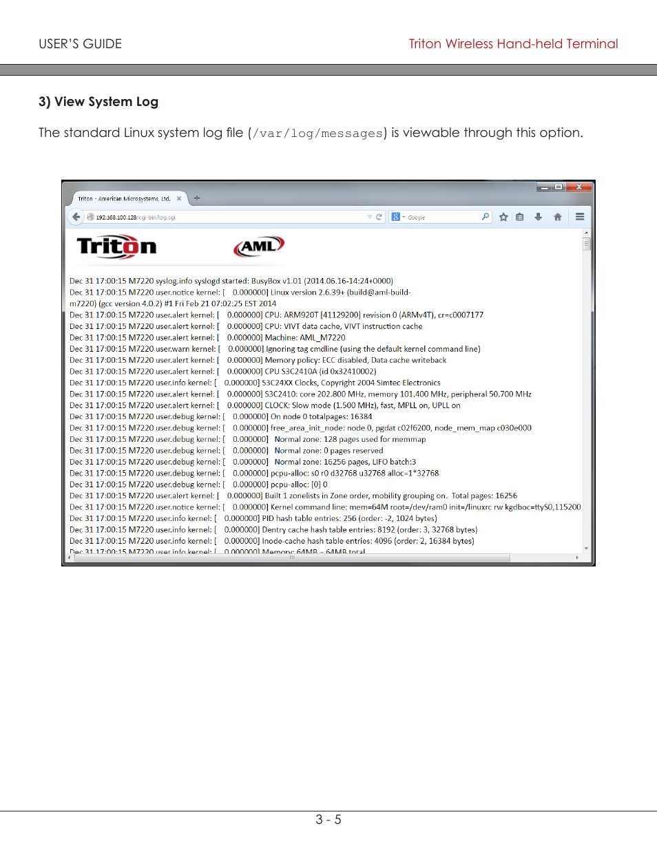 View system log 3-5, View system log | AML Triton Wireless Handheld Terminal User Manual | Page 83 / 84