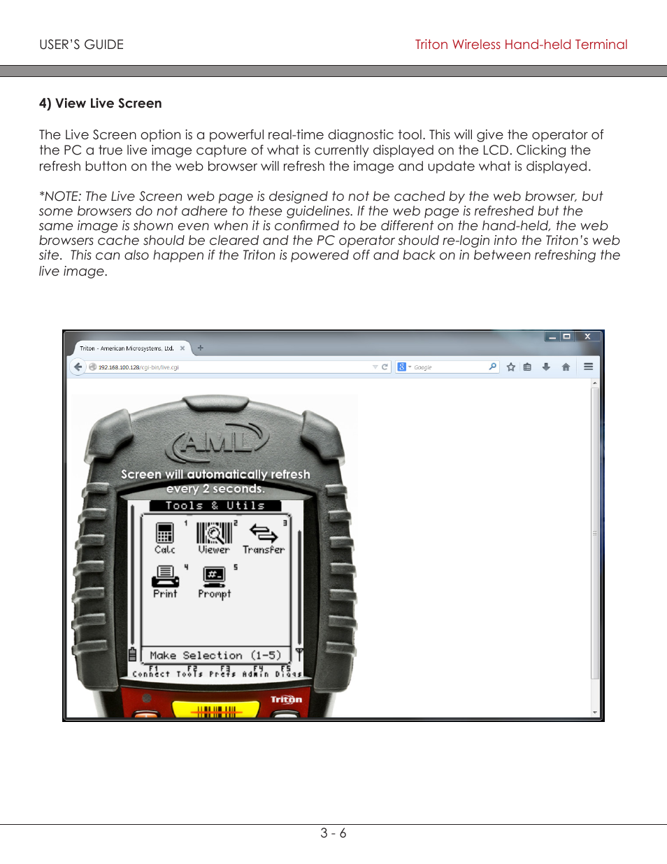 View live screen 3-6, View live screen | AML Triton Wireless Handheld Terminal User Manual | Page 84 / 84