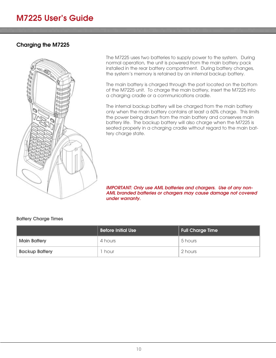 Charging the m7225, Battery charge times, M7225 user’s guide | AML M7225 Handheld Computer User Manual | Page 10 / 41