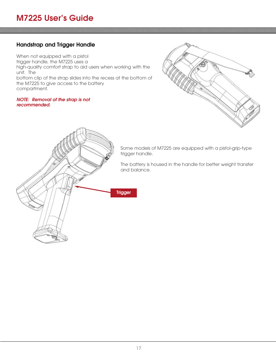 Handstrap and trigger handle, M7225 user’s guide | AML M7225 Handheld Computer User Manual | Page 17 / 41