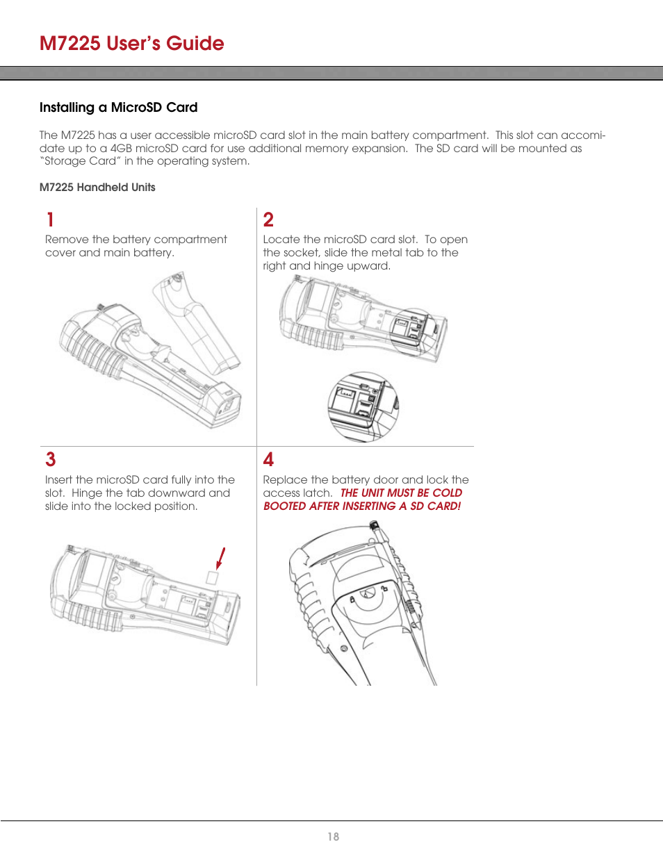 Installing a microsd card, M7225 handheld units, M7225 user’s guide | AML M7225 Handheld Computer User Manual | Page 18 / 41