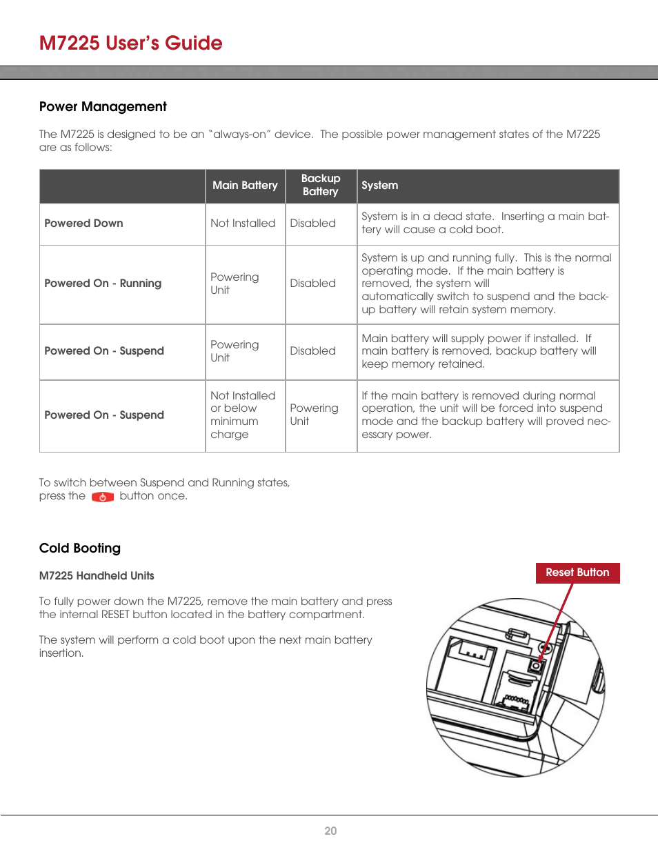 Power management, Cold booting, M7225 handheld units | M7225 user’s guide | AML M7225 Handheld Computer User Manual | Page 20 / 41