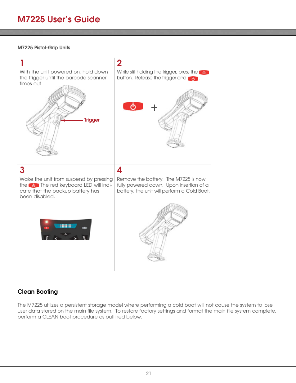 M7225 pistol-grip units, Clean booting, M7225 user’s guide | AML M7225 Handheld Computer User Manual | Page 21 / 41