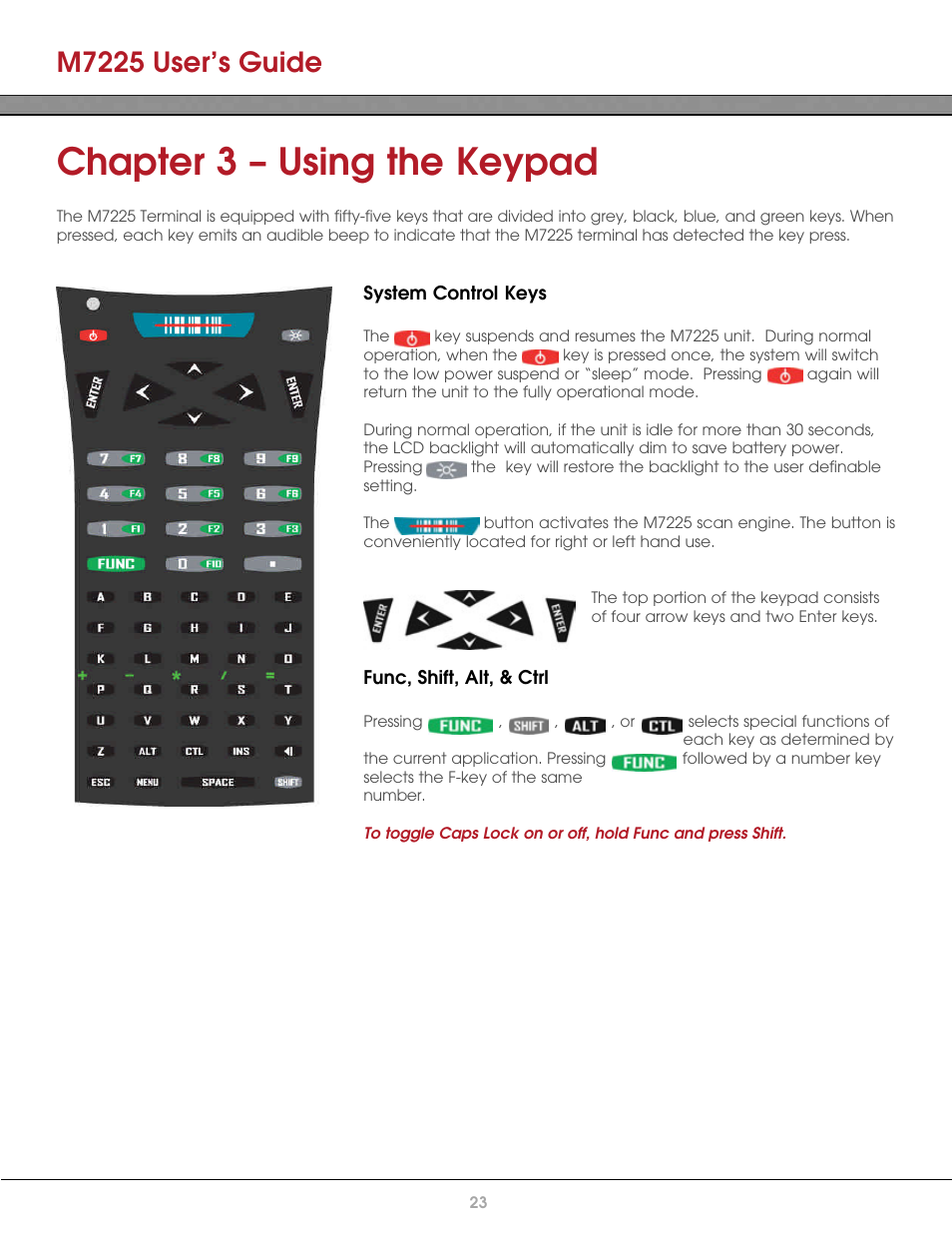 Chapter 3 – using the keypad, System control keys, Func, shift, alt, & ctrl | M7225 user’s guide | AML M7225 Handheld Computer User Manual | Page 23 / 41