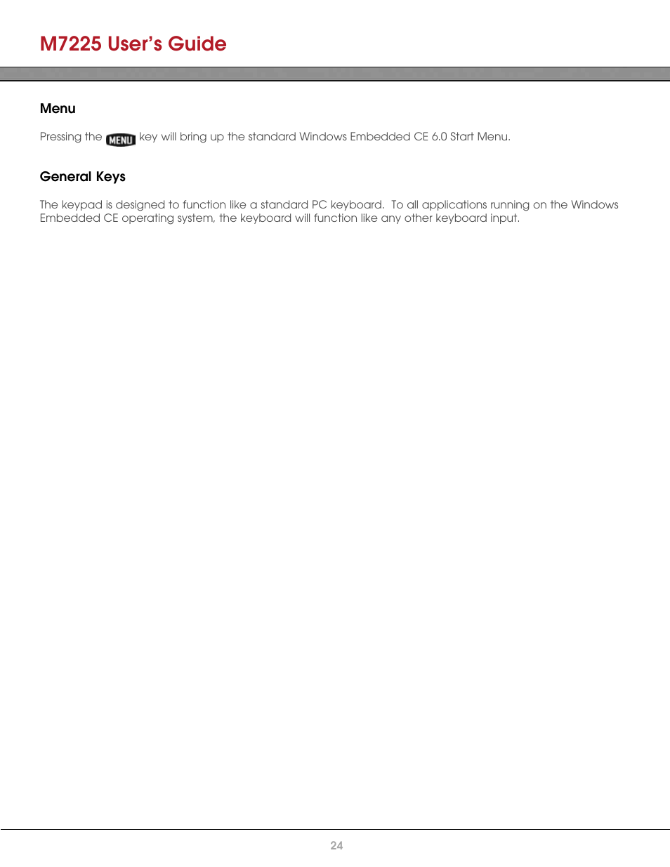 Menu, General keys, M7225 user’s guide | AML M7225 Handheld Computer User Manual | Page 24 / 41