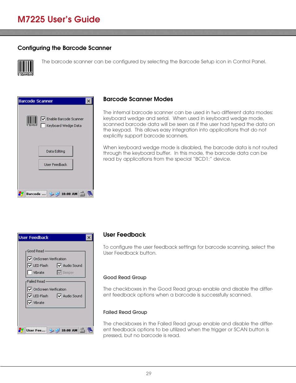 Configuring the barcode scanner, Barcode scanner modes, User feedback | Good read group, Failed read group, M7225 user’s guide | AML M7225 Handheld Computer User Manual | Page 29 / 41