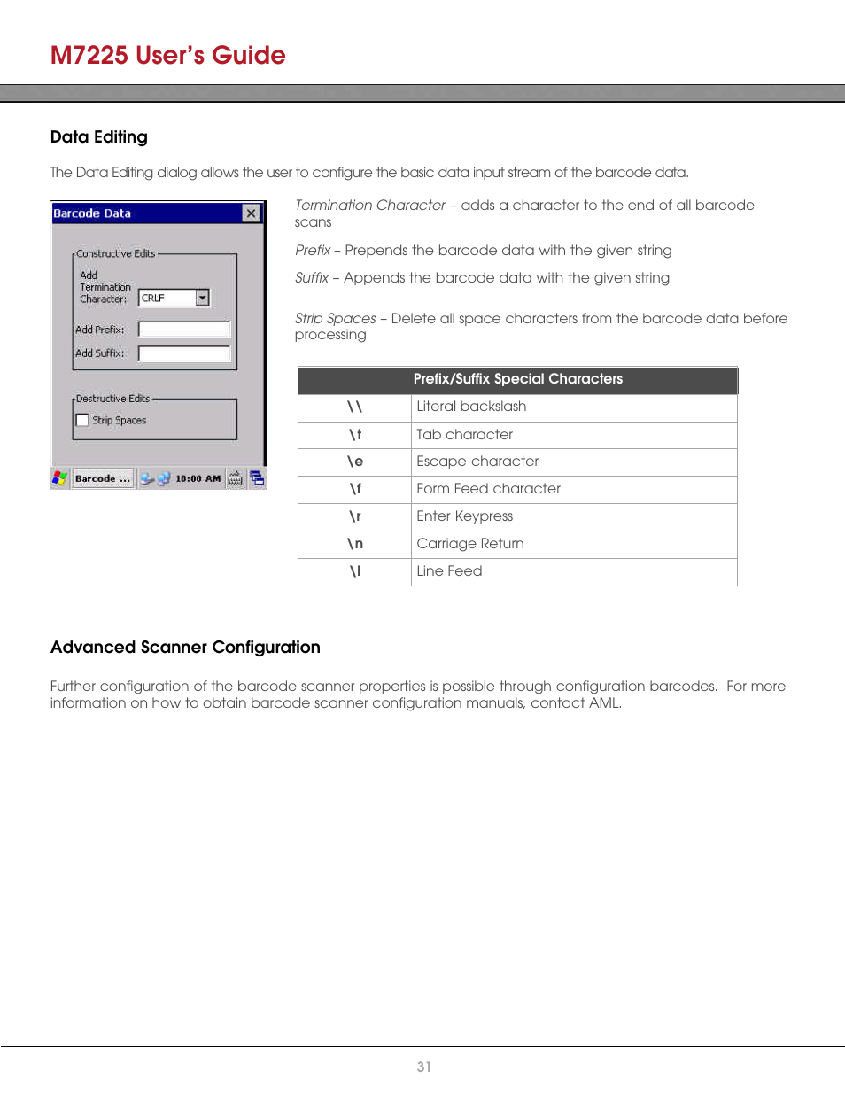 Data editing, Advanced scanner configuration, M7225 user’s guide | AML M7225 Handheld Computer User Manual | Page 31 / 41