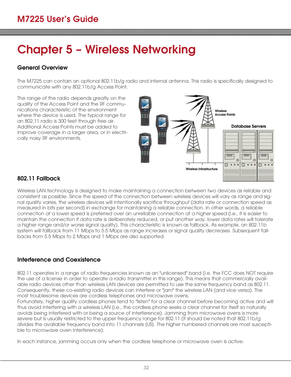 Chapter 5 – wireless networking, General overview, 11 fallback | Interference and coexistence, M7225 user’s guide | AML M7225 Handheld Computer User Manual | Page 32 / 41