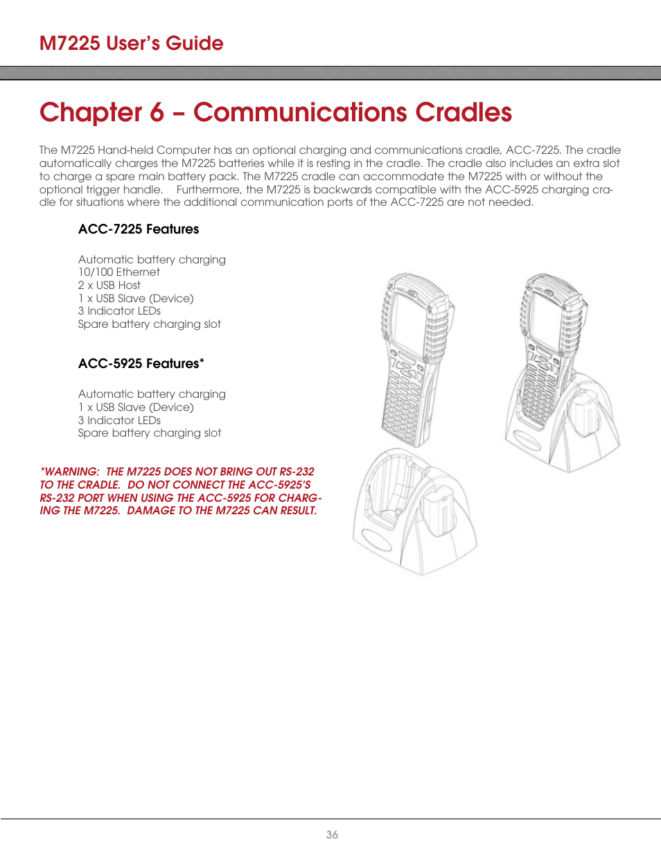 Chapter 6 – communications cradles, Acc-7225 communications cradle, Acc-5925 charging cradle | M7225 user’s guide | AML M7225 Handheld Computer User Manual | Page 36 / 41