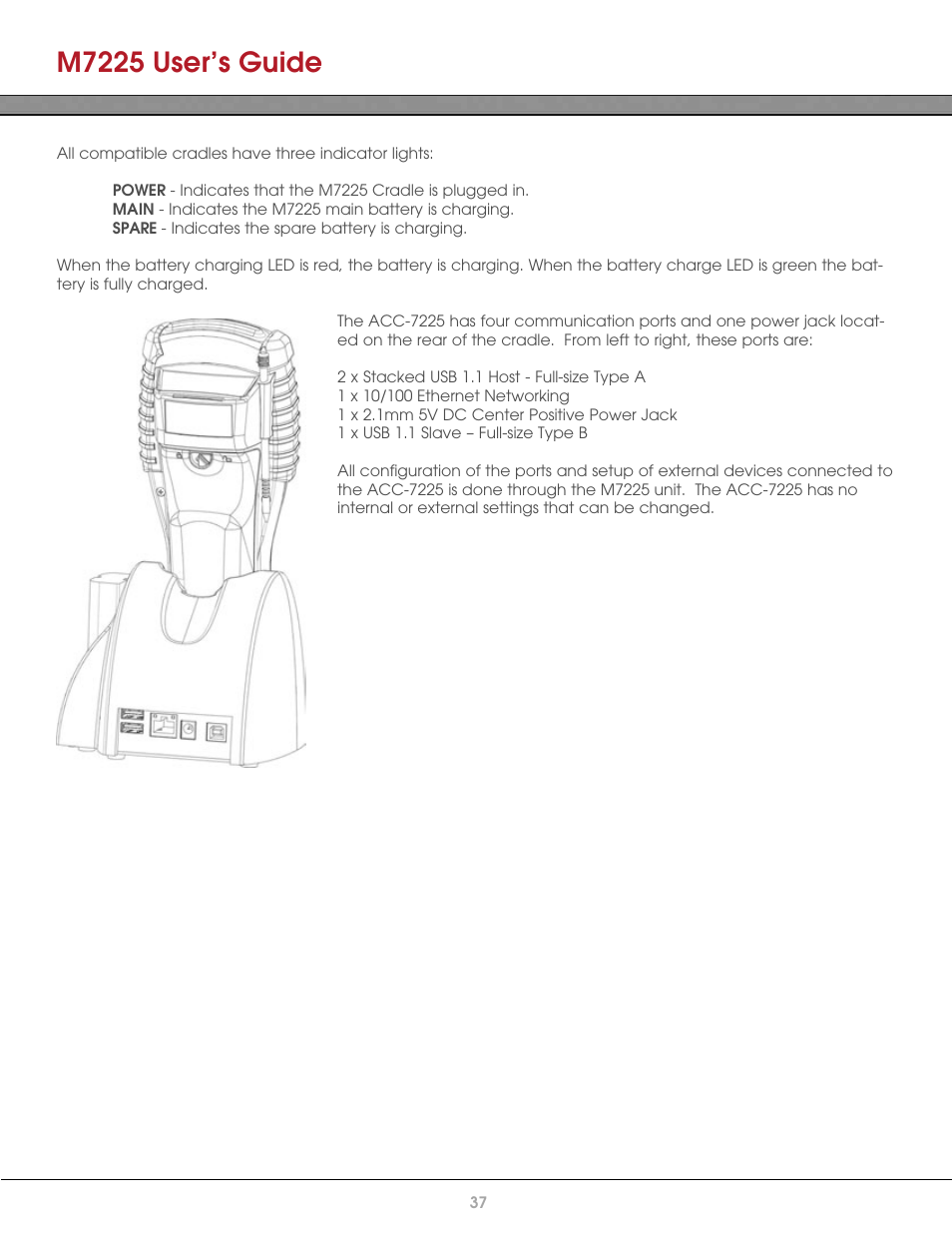 Indicator lights, Acc-7225 communication ports, M7225 user’s guide | AML M7225 Handheld Computer User Manual | Page 37 / 41