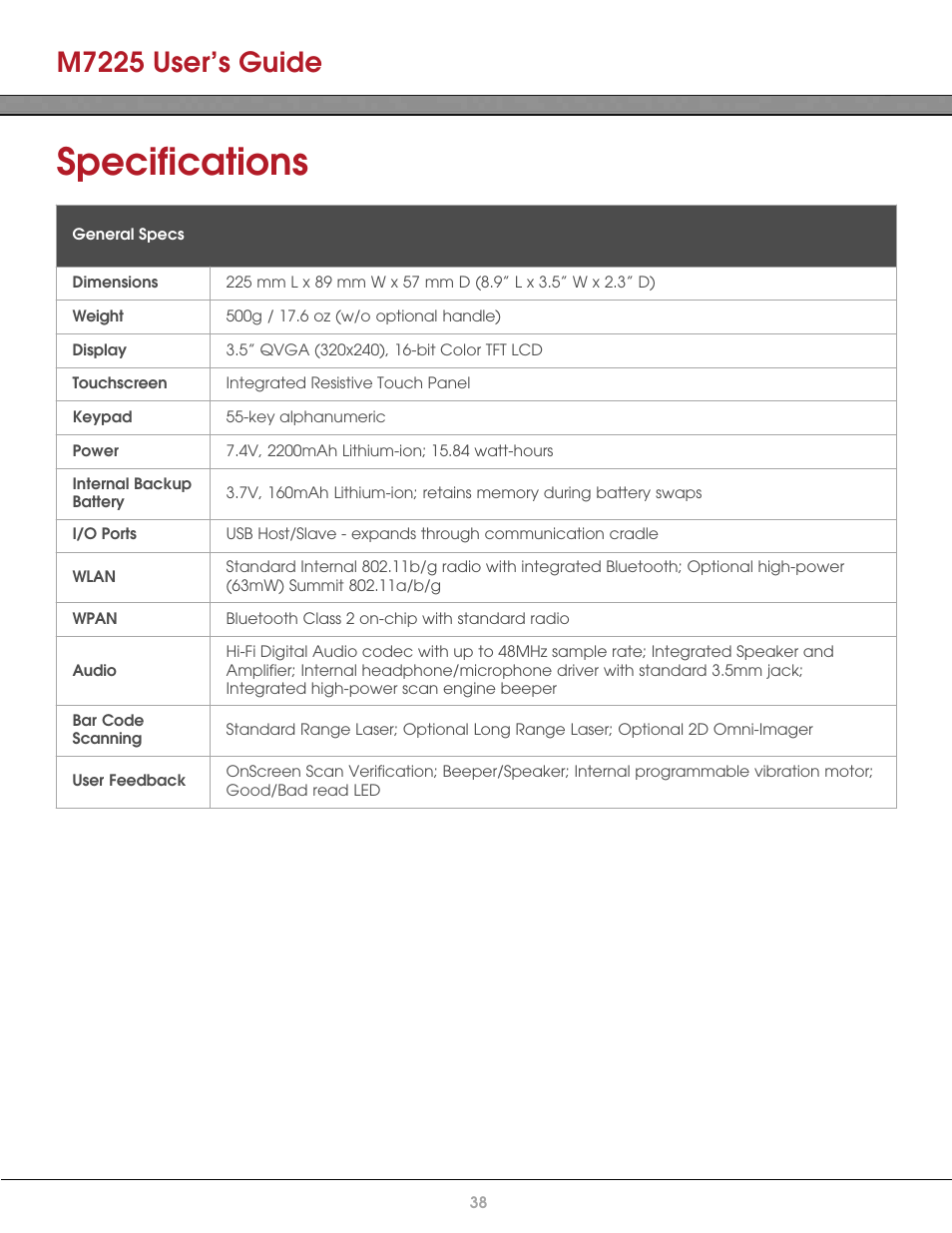 M7225 specifications, General specifications, Specifications | M7225 user’s guide | AML M7225 Handheld Computer User Manual | Page 38 / 41