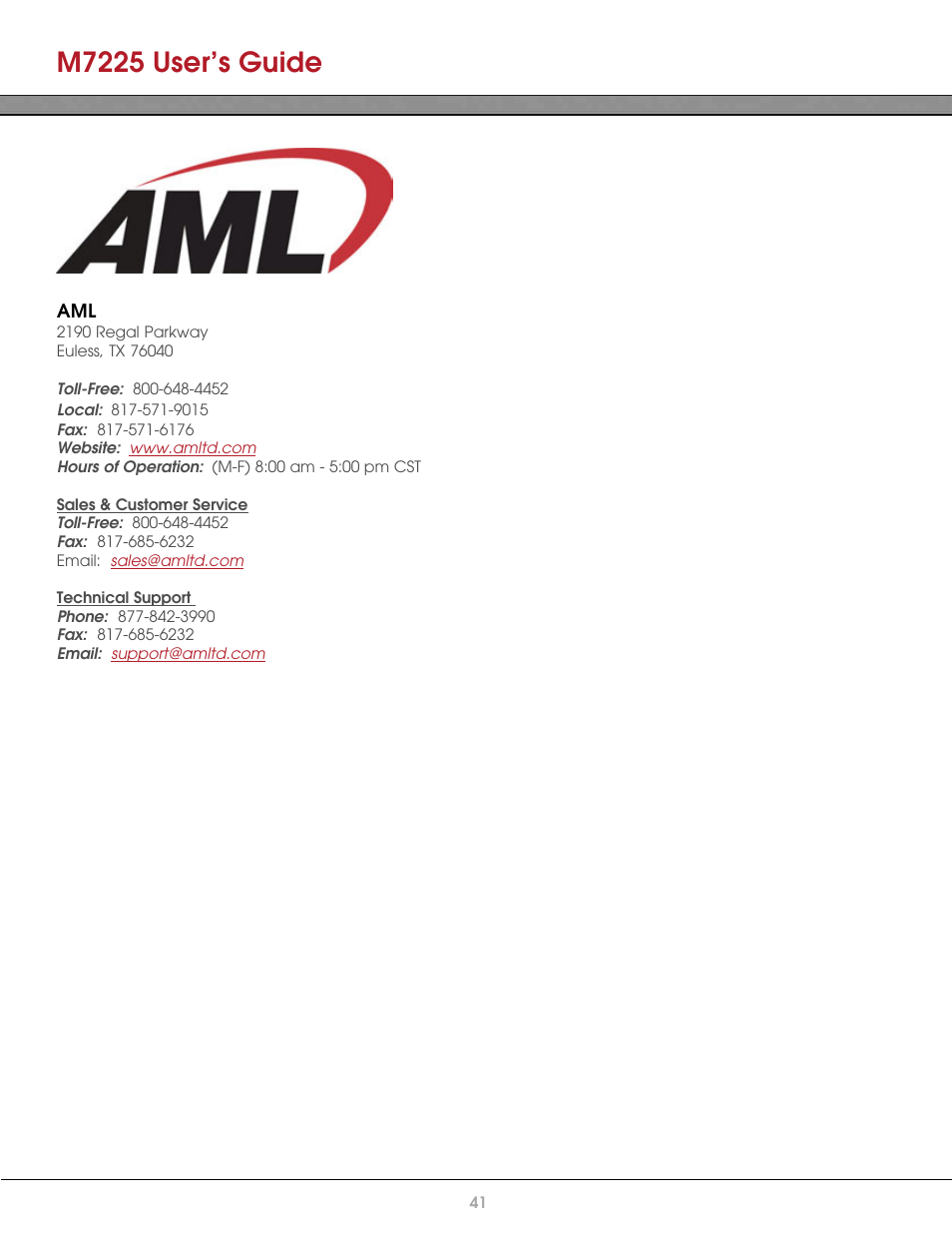 M7225 user’s guide | AML M7225 Handheld Computer User Manual | Page 41 / 41