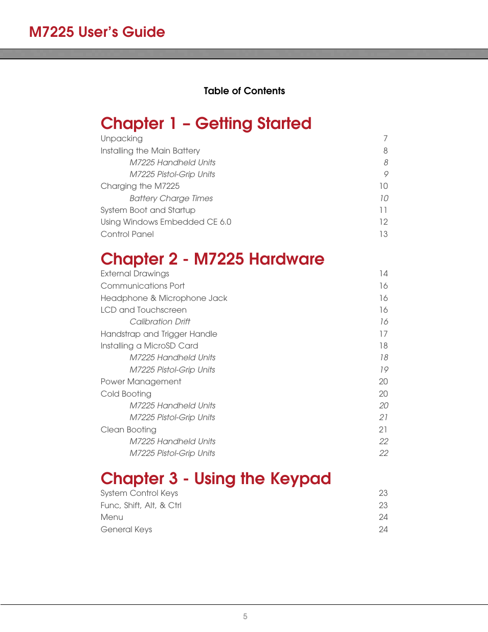 Chapter 1 – getting started, Chapter 3 - using the keypad, M7225 user’s guide | AML M7225 Handheld Computer User Manual | Page 5 / 41