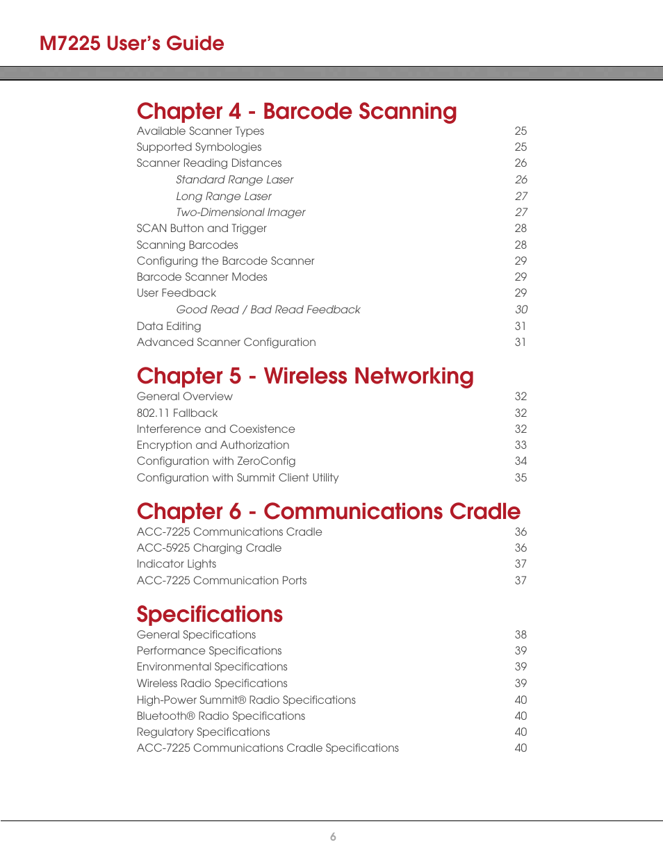 Chapter 4 - barcode scanning, Chapter 5 - wireless networking, Chapter 6 - communications cradle | Specifications, M7225 user’s guide | AML M7225 Handheld Computer User Manual | Page 6 / 41
