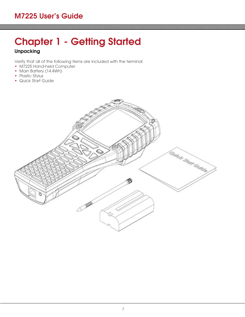 Chapter 1 - getting started, Unpacking, M7225 user’s guide | AML M7225 Handheld Computer User Manual | Page 7 / 41