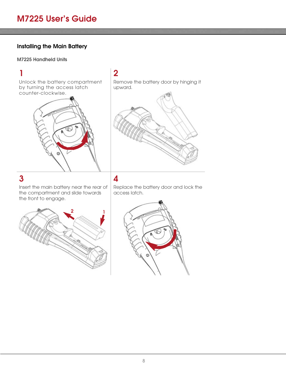 Installing the main battery, M7225 handheld units, M7225 user’s guide | AML M7225 Handheld Computer User Manual | Page 8 / 41