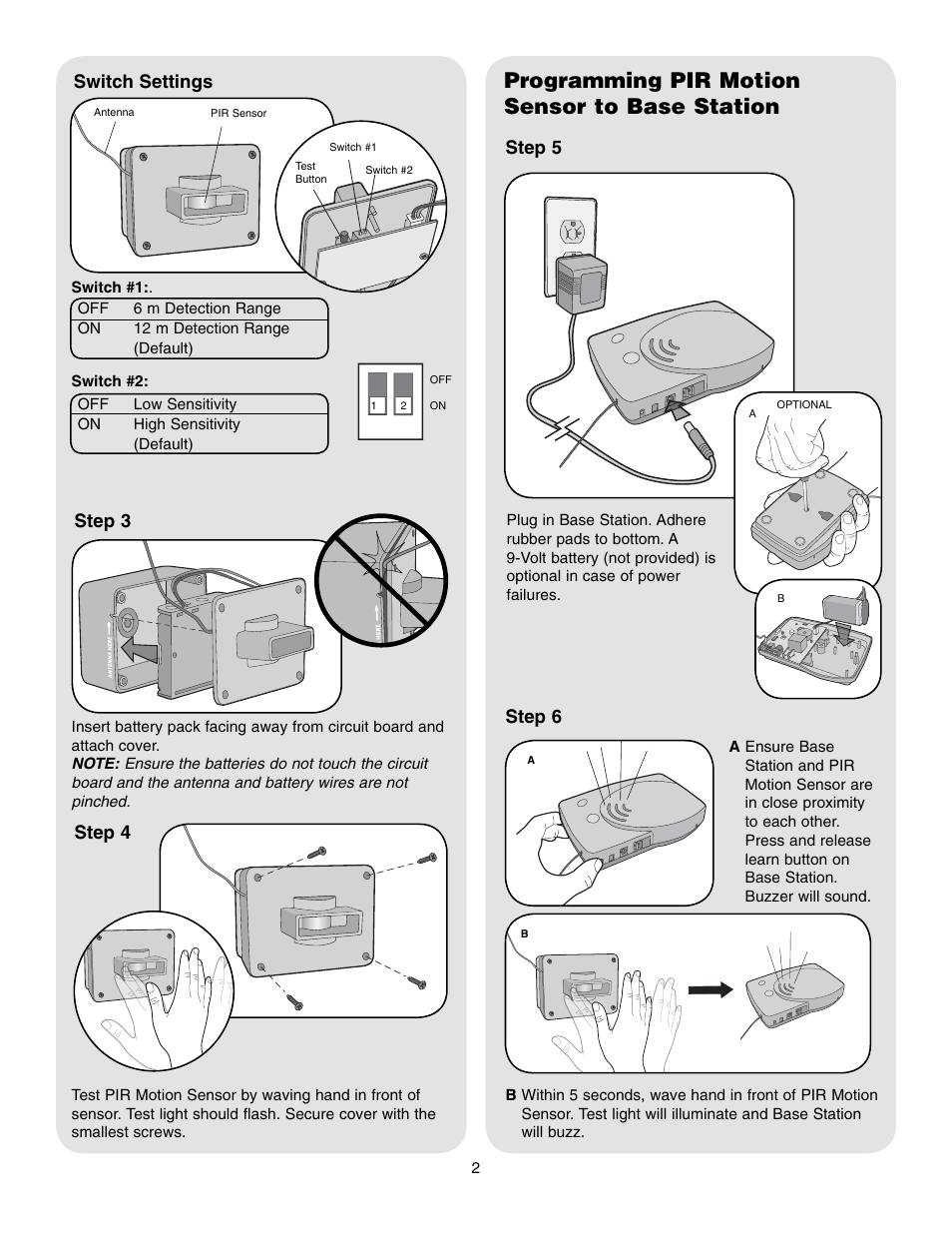 Programming pir motion sensor to base station, Step 5, Step 4 switch settings | Step 6, Step 3 | Chamberlain RWA310R User Manual | Page 2 / 4