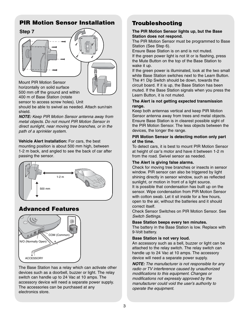 Pir motion sensor installation, Troubleshooting, Advanced features | Advanced features troubleshooting, Step 7 | Chamberlain RWA310R User Manual | Page 3 / 4