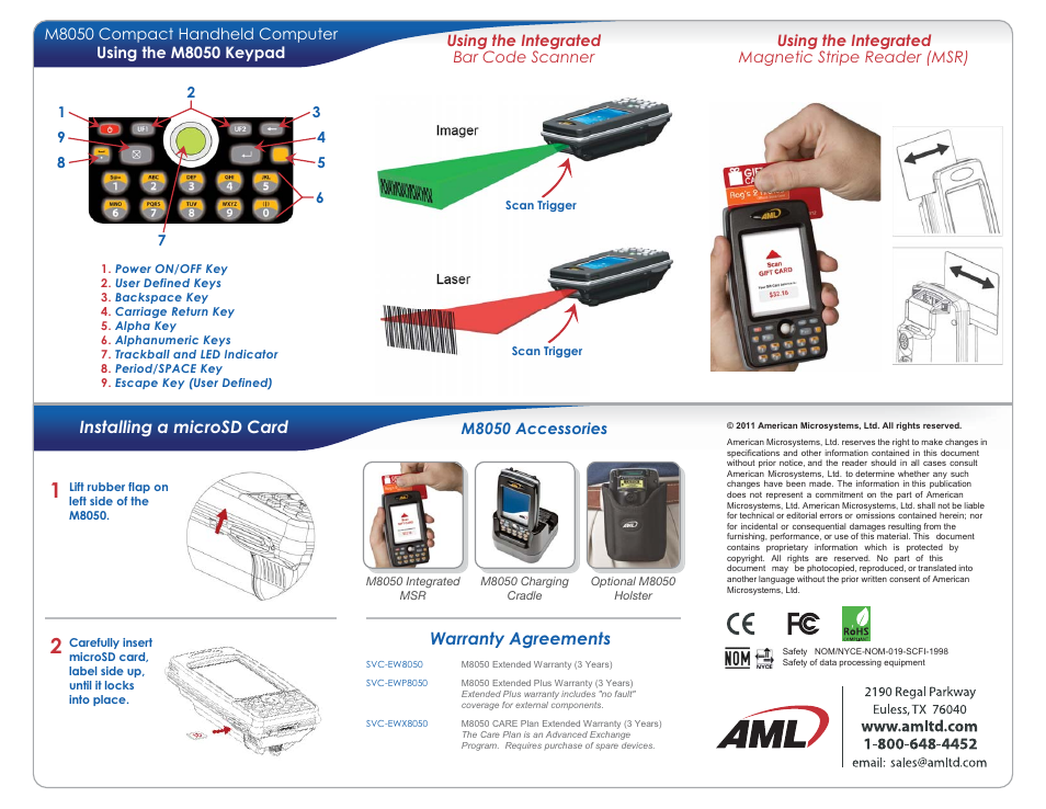 Installing a microsd card, Warranty agreements | AML M8050 Compact Handheld Computer User Manual | Page 2 / 2